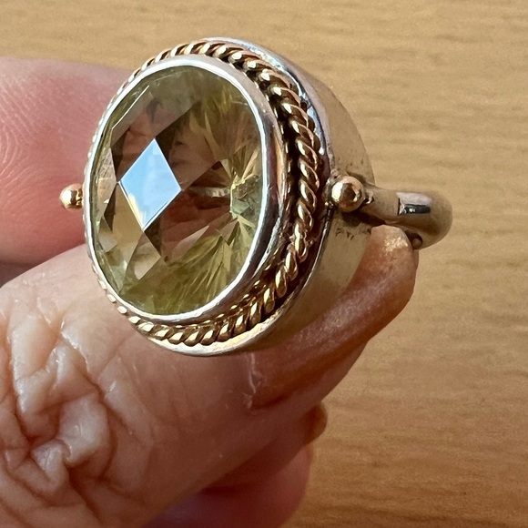 VINTAGE 18K GOLD STERLING SILVER LARGE LEMON YELOW GREEN QUARTZ DESIGNER RING